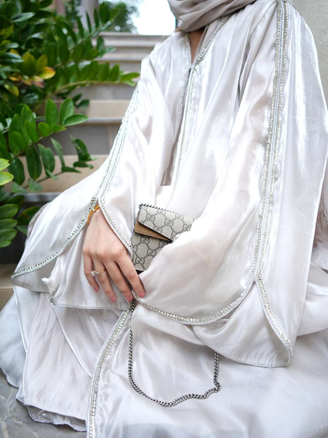 Ivory Crystal Elegance – J’Nour Satin Abaya with Rhinestone Trim