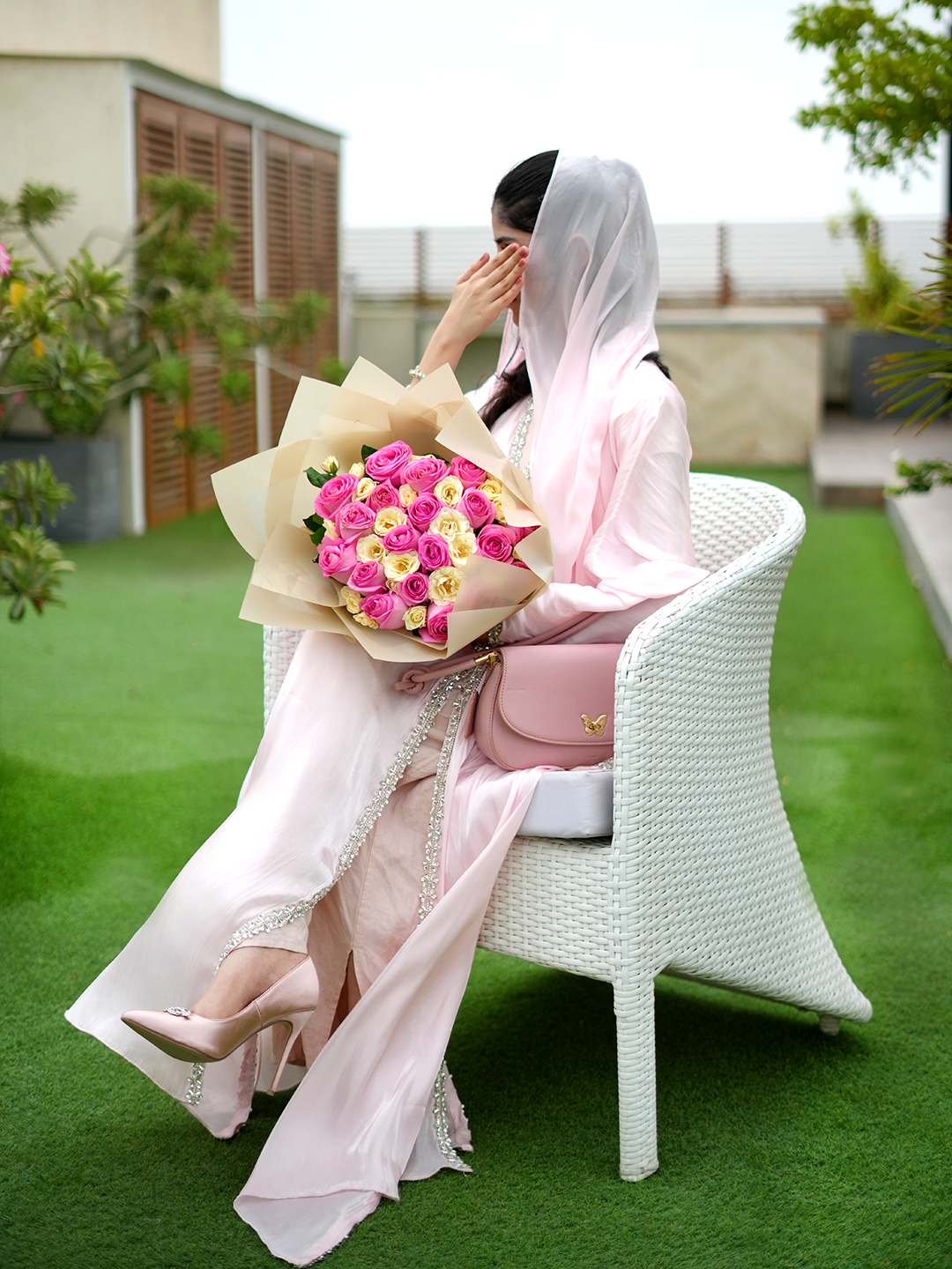 Pink Crystal Elegance – J’Nour Satin Abaya with Rhinestone Trim