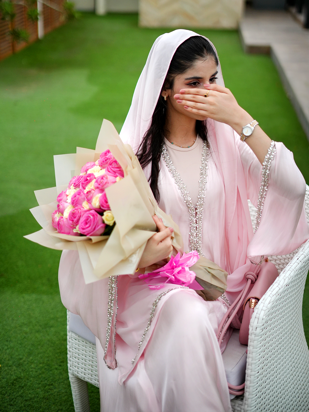Pink Crystal Elegance – J’Nour Satin Abaya with Rhinestone Trim