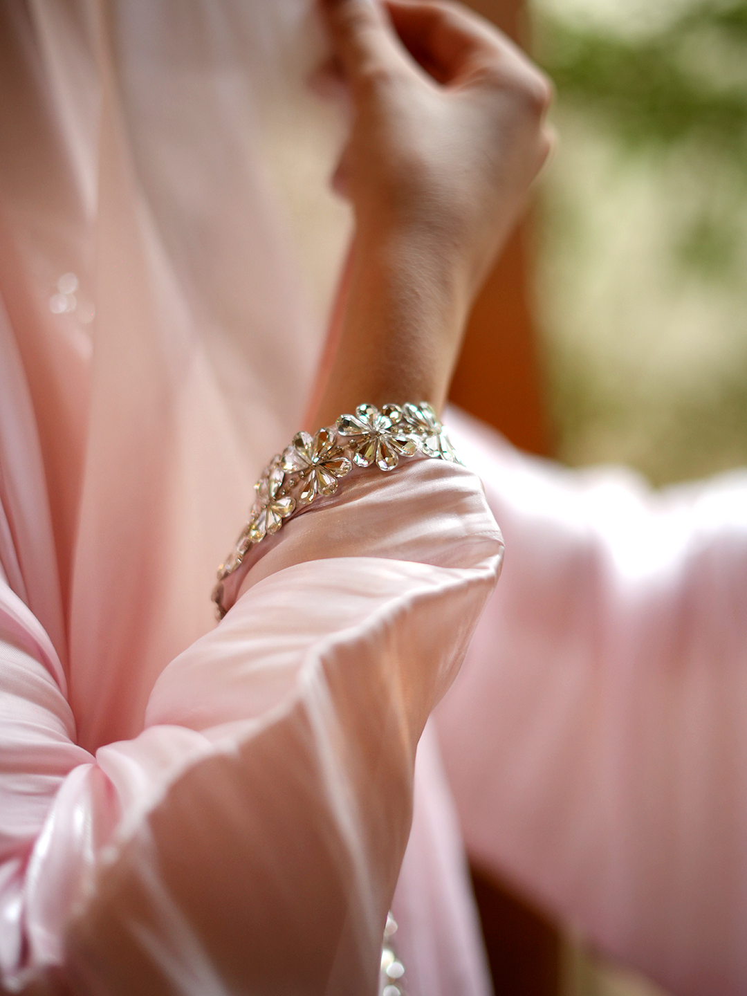 Pink Crystal Elegance – J’Nour Satin Abaya with Rhinestone Trim