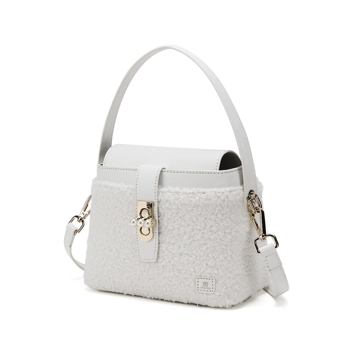 Denour White Sherpa Pearl Bucket Bag