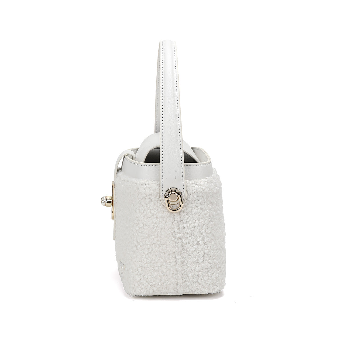 Denour White Sherpa Pearl Bucket Bag