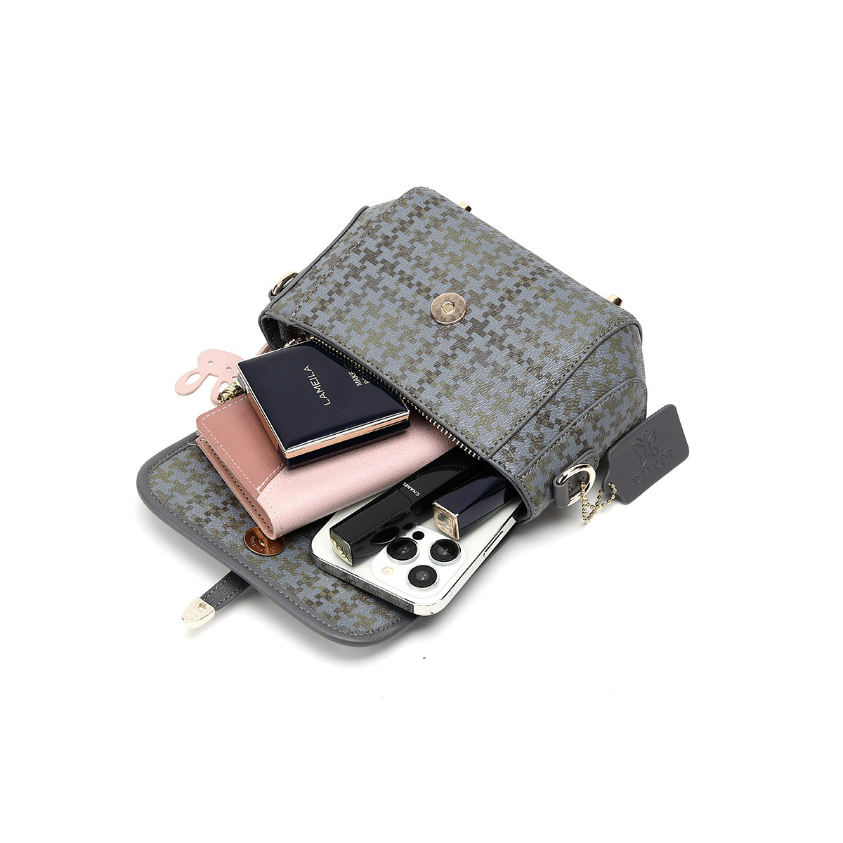 Denour Grey Houndstooth Mini Satchel