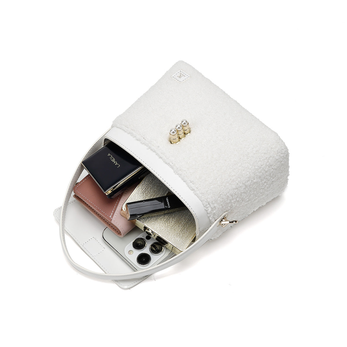 Denour White Sherpa Pearl Bucket Bag