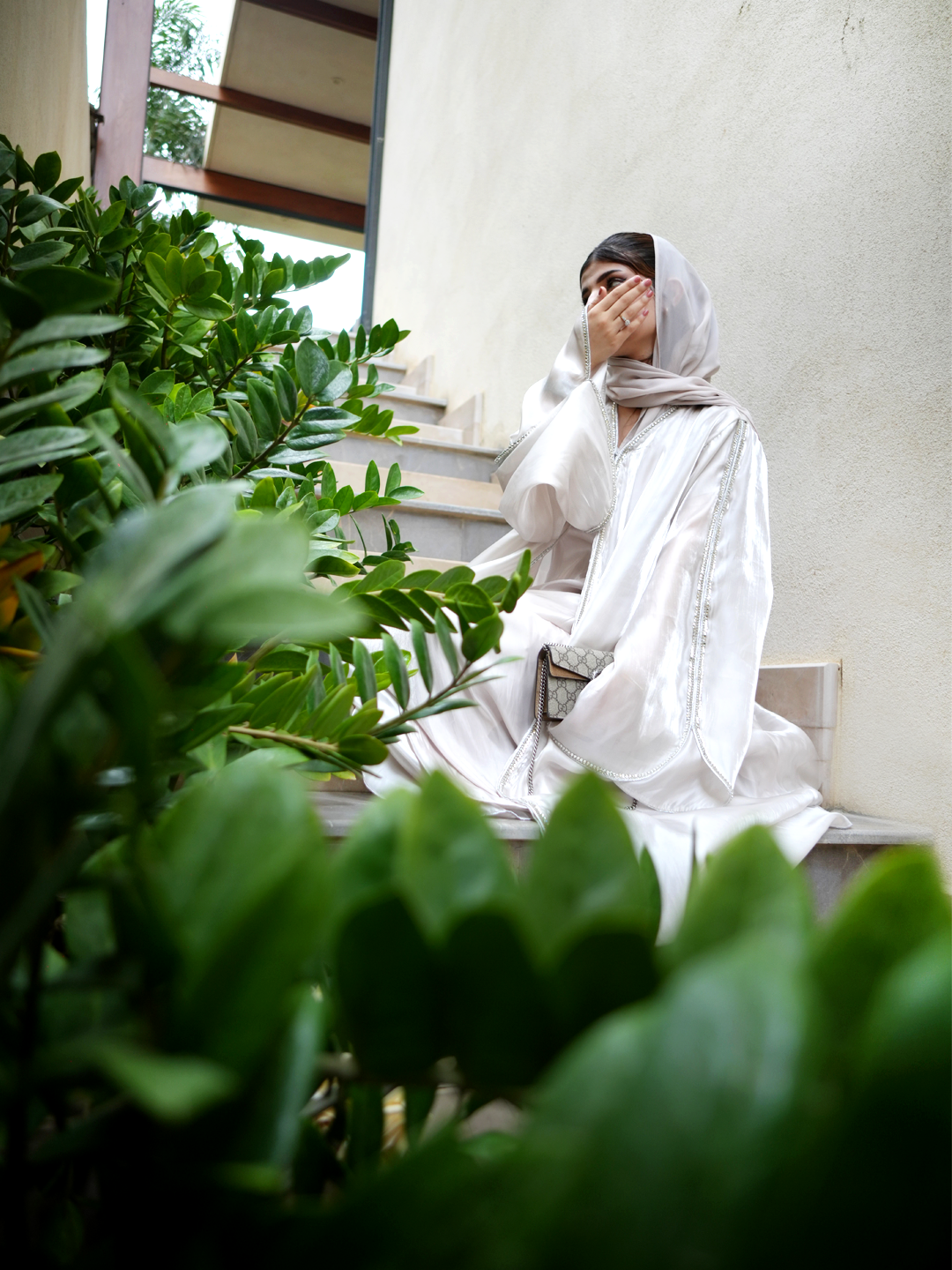 Ivory Crystal Elegance – J’Nour Satin Abaya with Rhinestone Trim