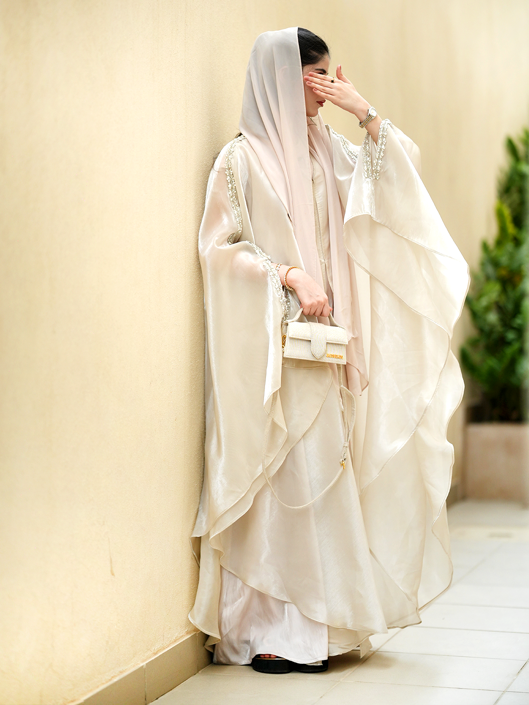 Golden Glow Elegance – J’Nour Champagne Abaya with Metallic Sheen