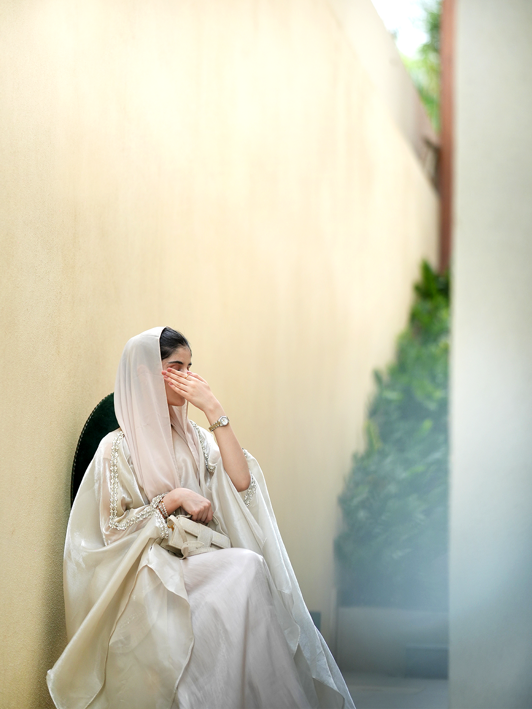 Golden Glow Elegance – J’Nour Champagne Abaya with Metallic Sheen