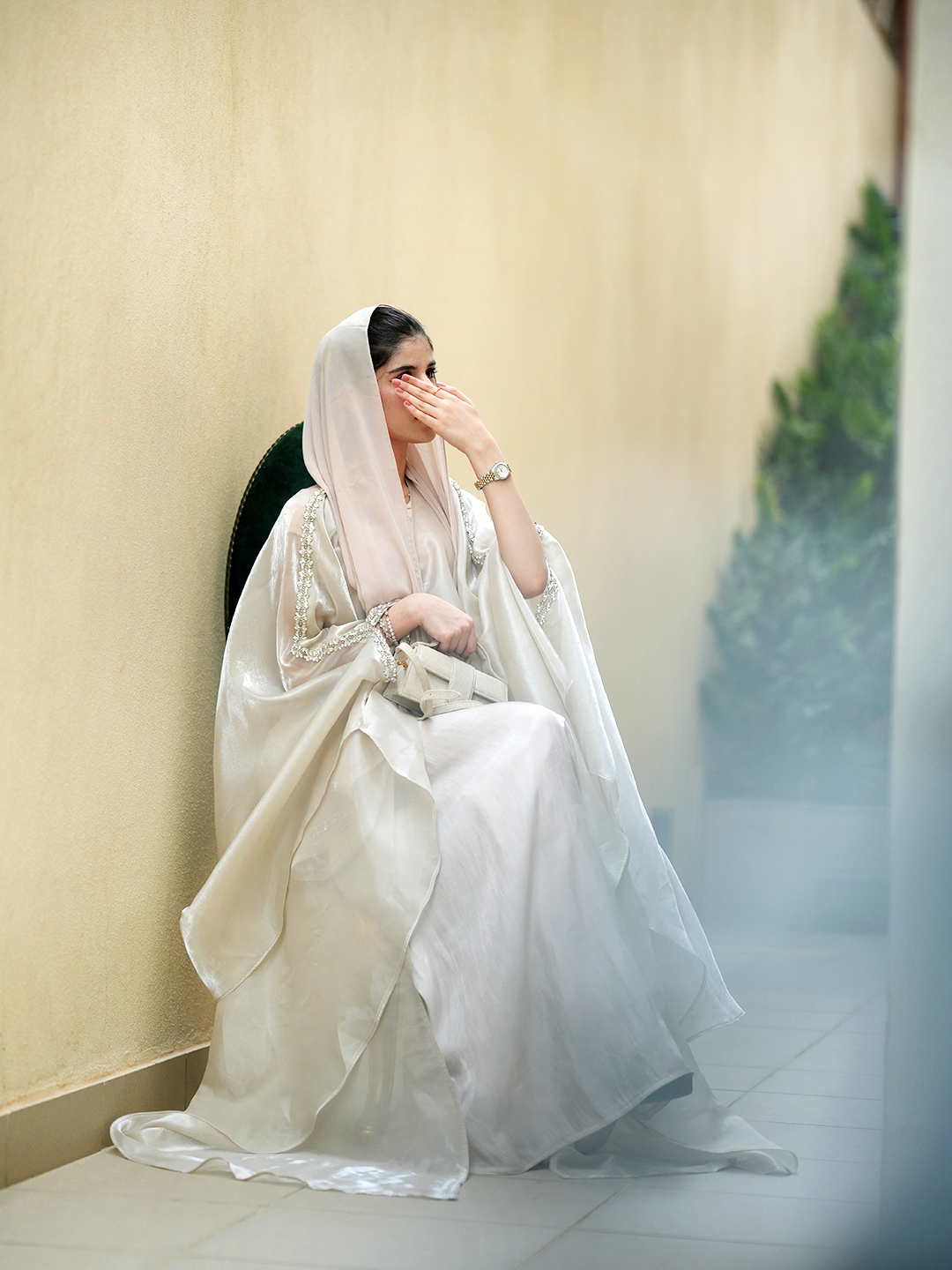 Golden Glow Elegance – J’Nour Champagne Abaya with Metallic Sheen