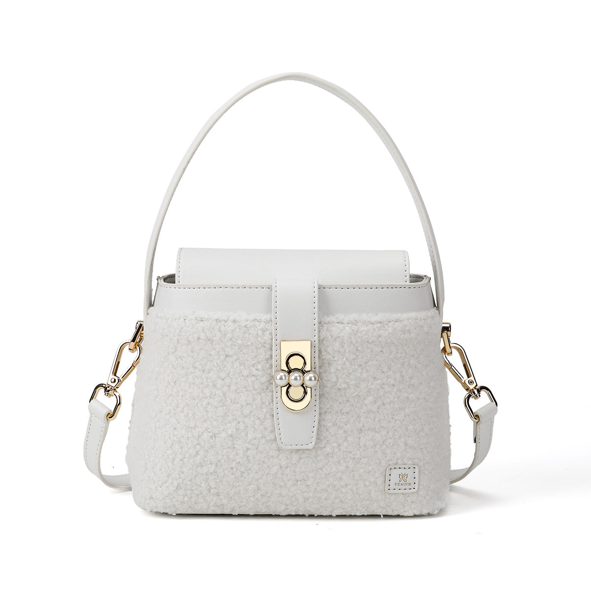 Denour White Sherpa Pearl Bucket Bag