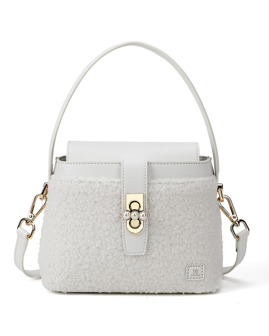 Denour White Sherpa Pearl Bucket Bag