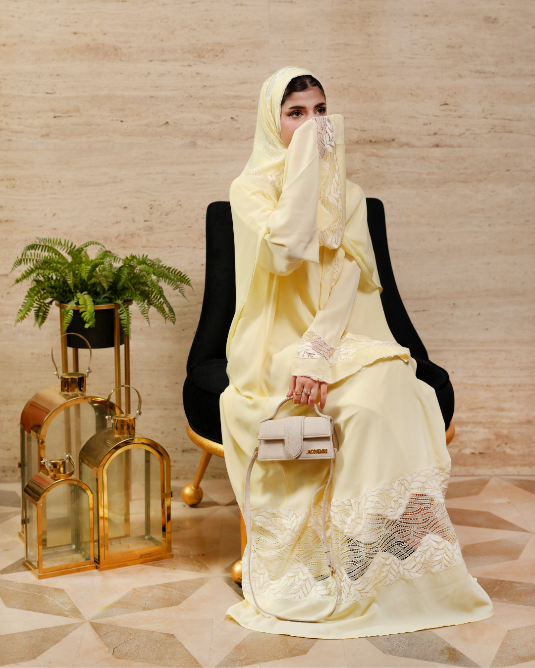Sunny Lace Elegance – J’Nour Yellow Abaya