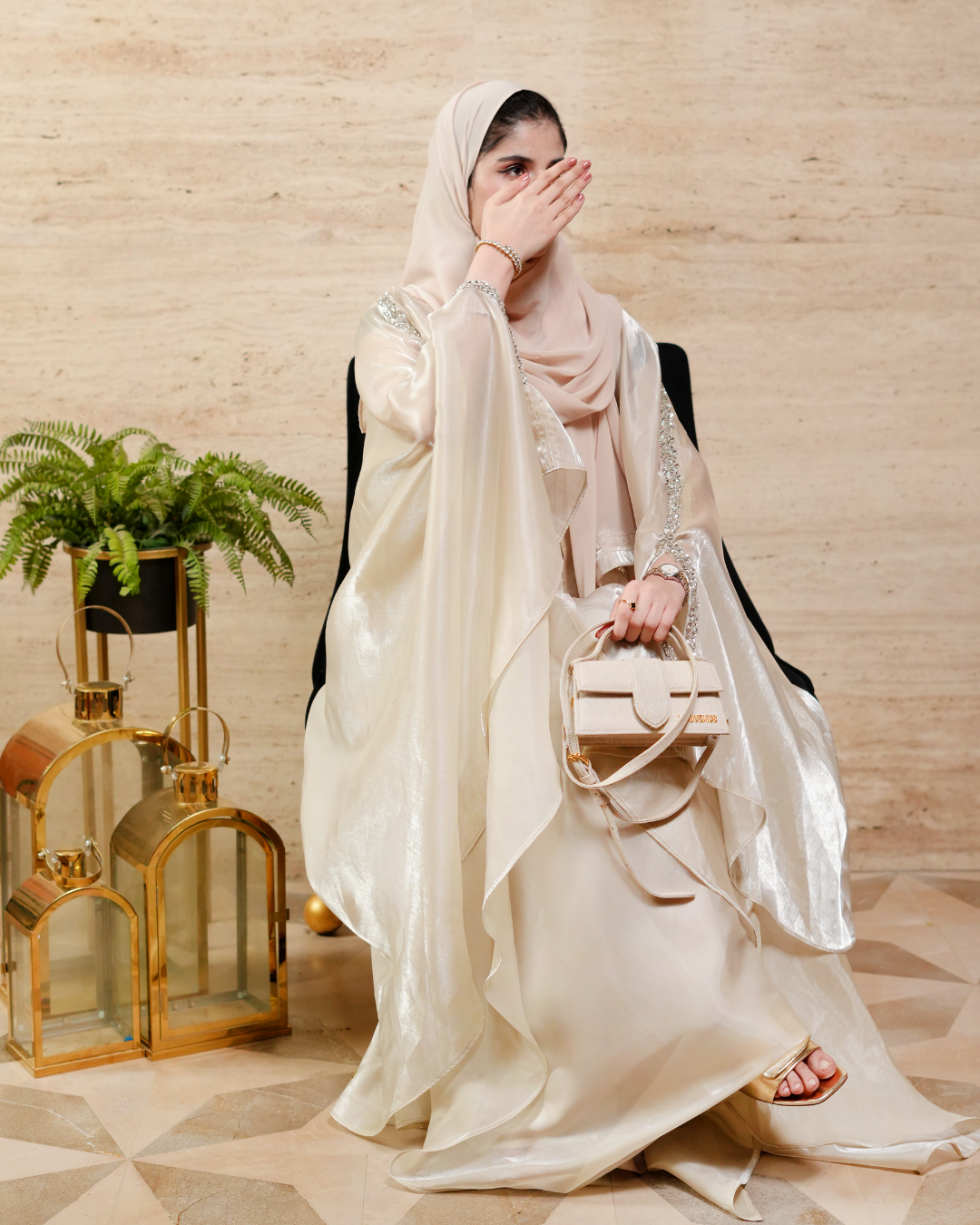 Golden Glow Elegance – J’Nour Champagne Abaya with Metallic Sheen