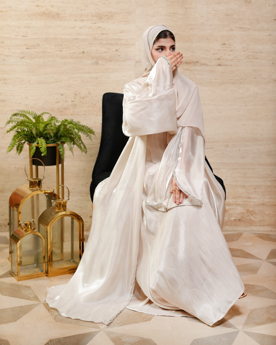 Ivory Crystal Elegance – J’Nour Satin Abaya with Rhinestone Trim