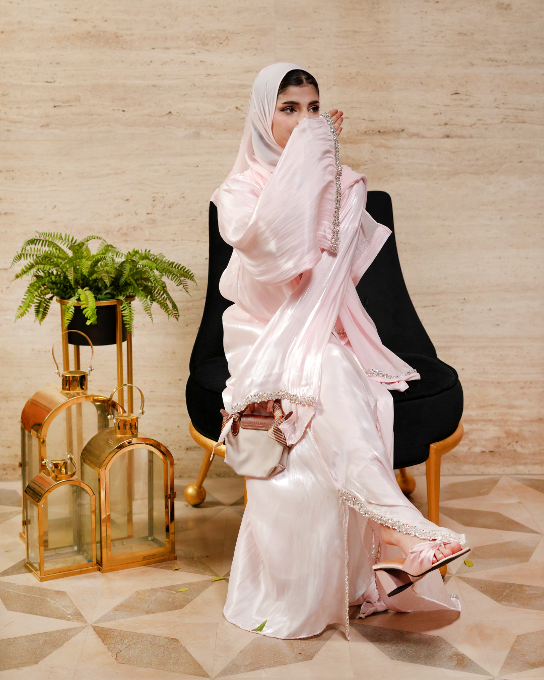 Pink Crystal Elegance – J’Nour Satin Abaya with Rhinestone Trim